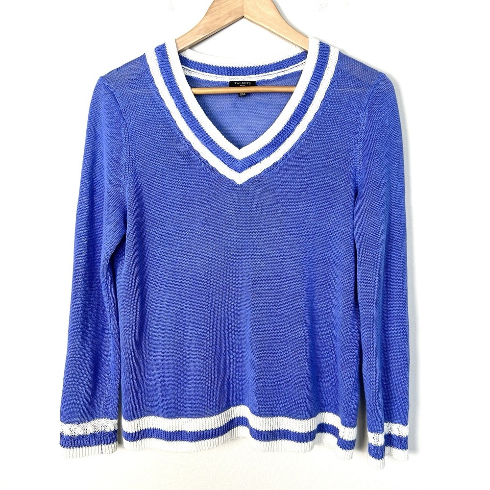 Talbots Linen V-neck Classic Sweater Womens Medium Petite Tennis Prep Academia